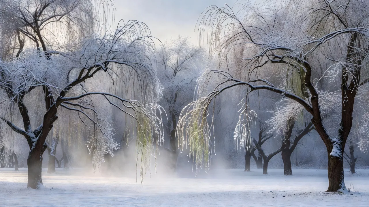 冬の柳の林 — 雪と霜に覆われた静寂の風景